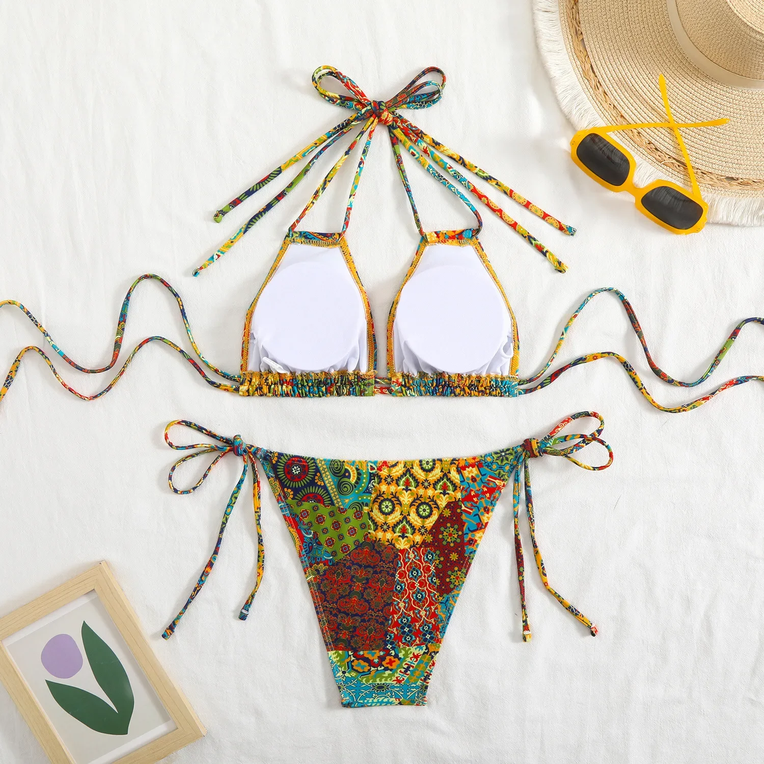 Micro bikini vintage con stampa floreale rossa 2025 Costume da bagno sexy con doppia cinghia push up con cravatta laterale perizoma da spiaggia