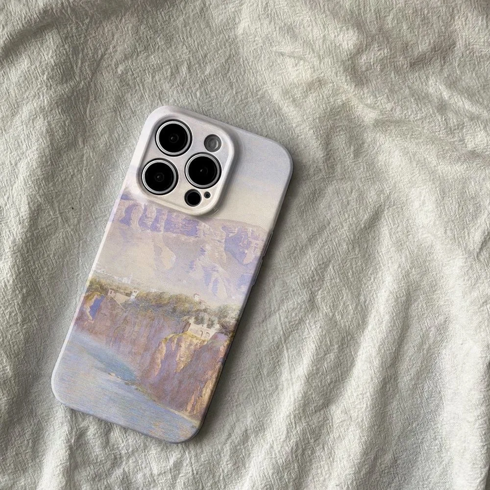 

Ins Advanced Pink Purple Landscape Painting Case for IPhone 16 15 14 13 Pro Max 12 11 Pro Plus Shockproof Protective Hard Cover