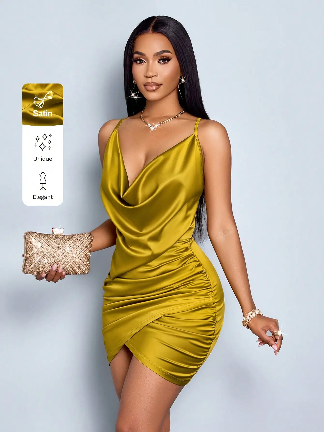 Robe moulante en satin vert olive avec col en V drapé et détails froncés pour la soirée