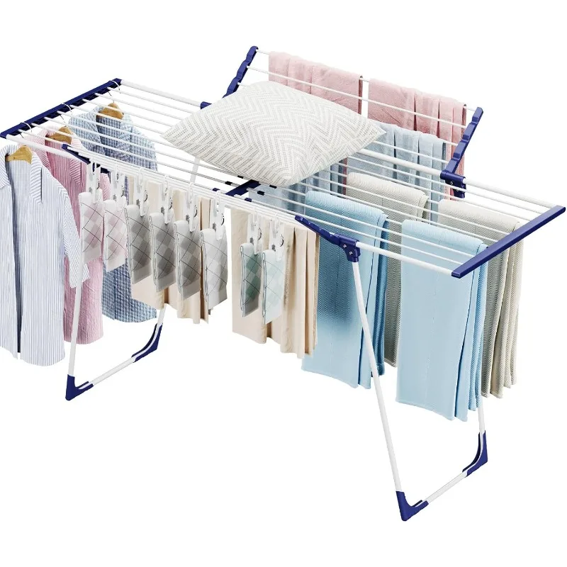 Clothes Drying Rack, Foldable Gullwing Laundry Rack for Indoor Outdoor, 10pcs Clips with Bag, Collapsible Space-Saving Drying