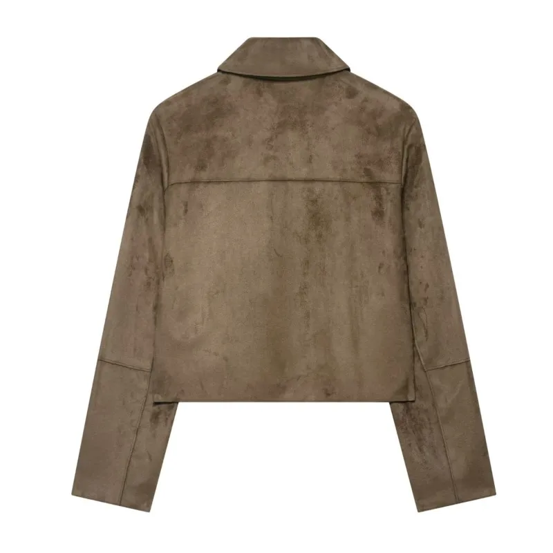 Damska krótka kurtka z imitacji zamszu HipSeam, zapinana na guziki, jesienna, z kołnierzykiem, długim rękawem, kieszeniami, prosta kurtka damska.