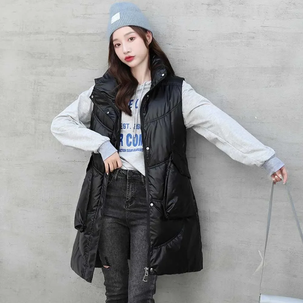 

Waistcoat Winter Women's Vest Down Cotton Waistcoat Sleeveless Jacket Women Shiny Mid-length Korean Loose Shiny Women Jackets