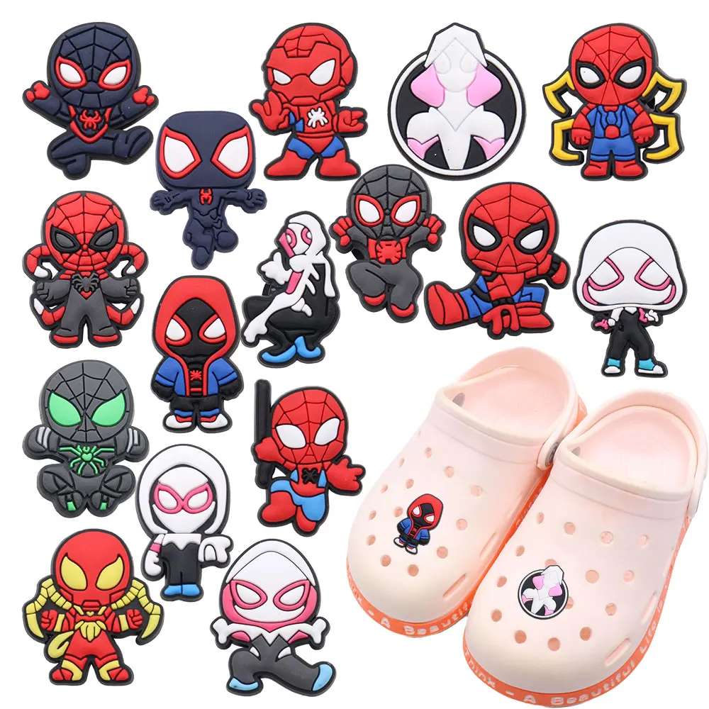 New Arrival 1-16pcs Shoe Charms Cartoon Spider-Man Spider Gwen Miles Accessories PVC Shoes Decoration For Kids Birthday Present