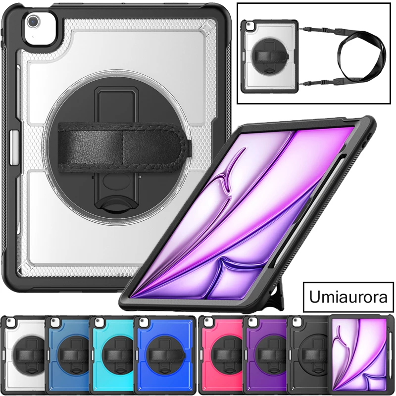 

For IPad Mini 7 8.3" A17 Pro 11 12.9 13 inch M5 M4 M3 M2 Air 10.9 Hand Strap Stand Tablet Case Shockproof Silicon PC Armor Funda