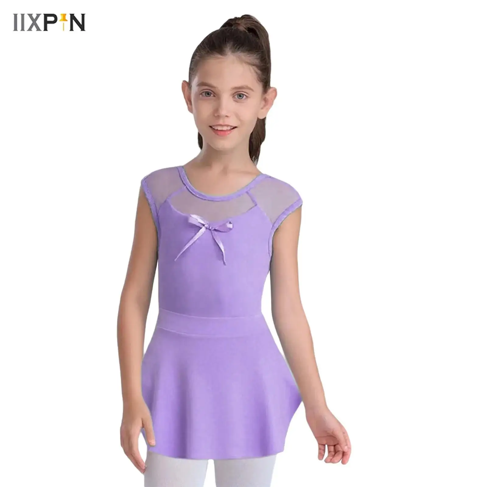 

Kids Girls Ballet Dance Costume Round Neck Sleeveless Knot Cutout Back Sheer Mesh Patchwork Bow Leotard with Sides Slit Skirt