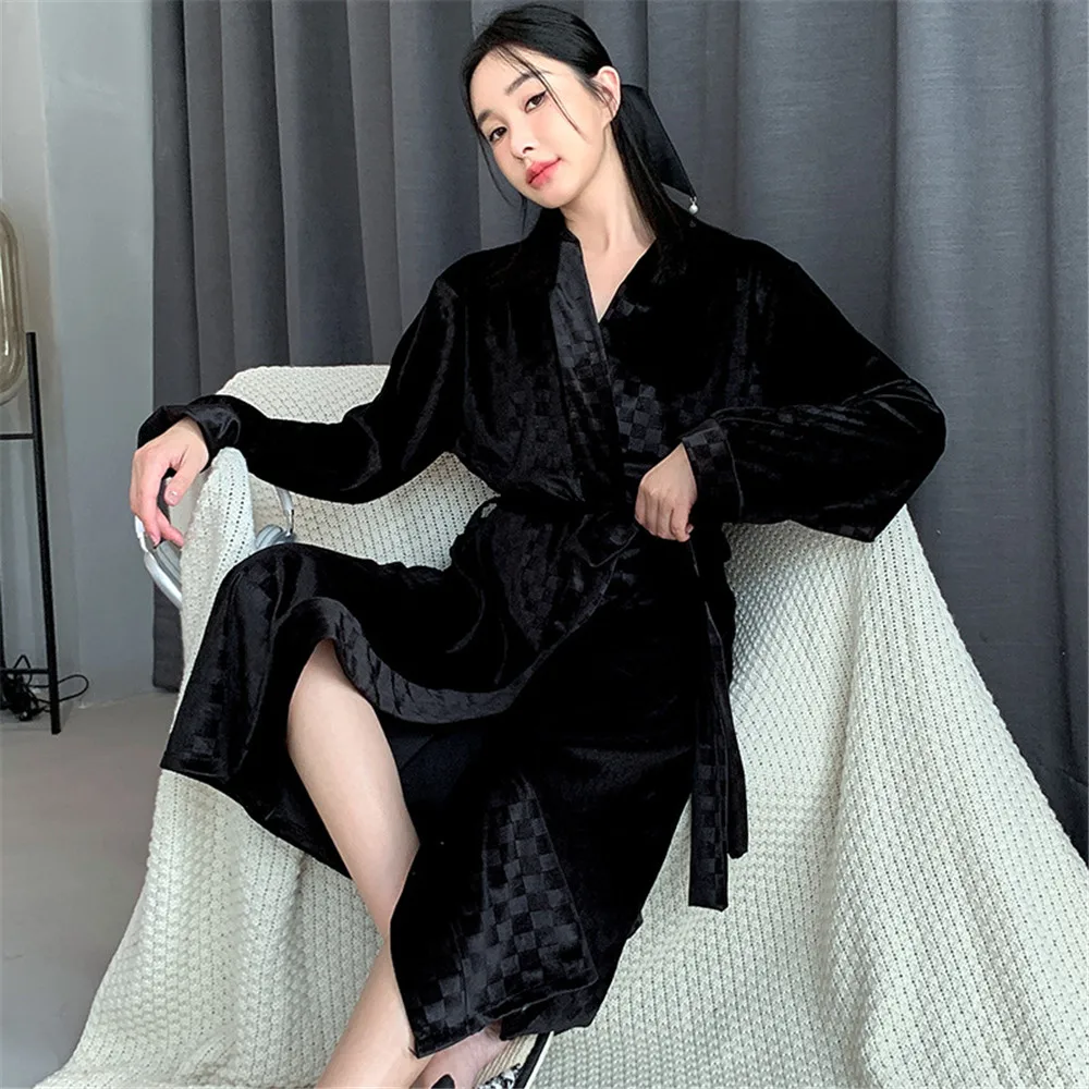 Abito lungo da notte femminile in velluto dorato, kimono, accappatoio, manica lunga, da notte, in velluto sciolto, per la casa, da salotto