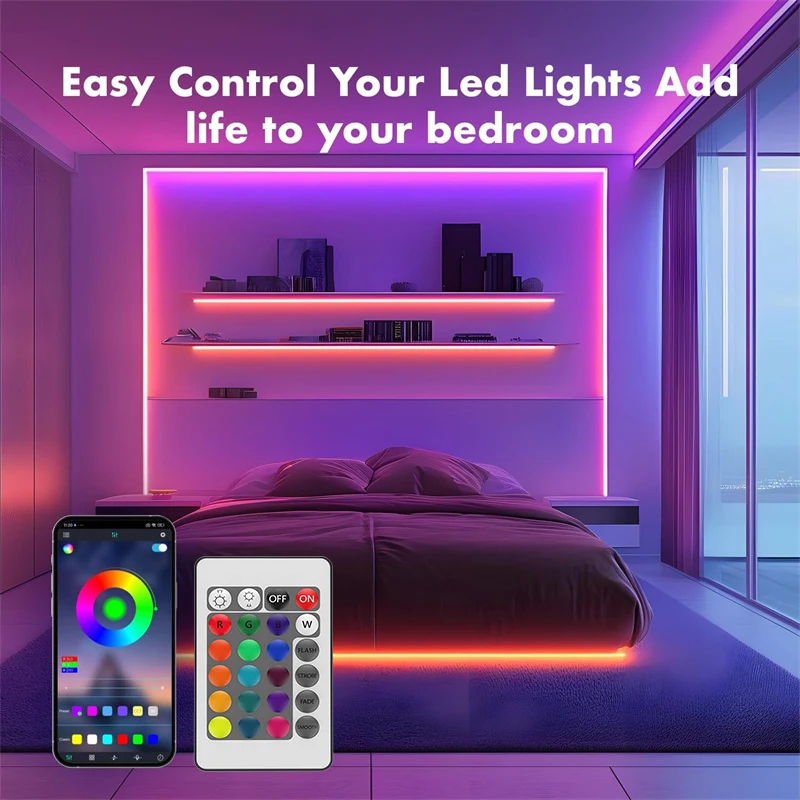 أضواء شريط LED نيون RGB، أضواء حبل نيون LED مع جهاز تحكم عن بعد للتطبيق، مزامنة الموسيقى، تصميم أضواء مرنة يمكنك صنعها بنفسك لغرفة النوم