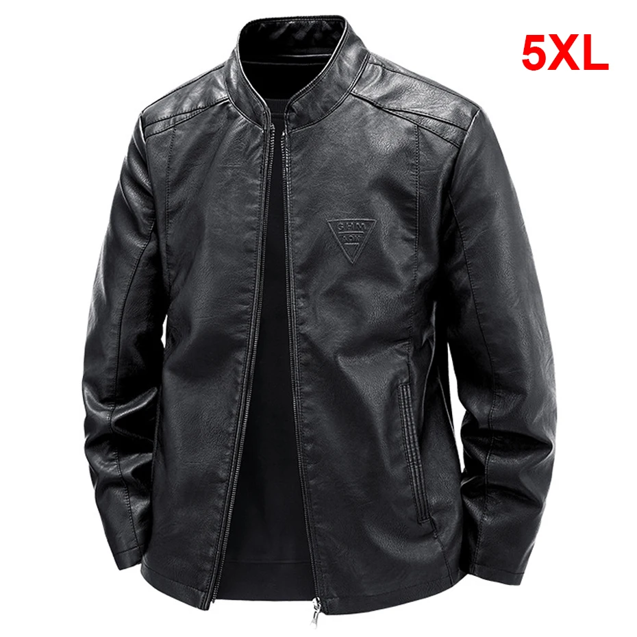 Stand Collar PU Jacket Men Motorcycle Biker Baseball Jacket Coat 5XL Plus Size Fashion Casual Cargo Jacket Male PU Coat Black