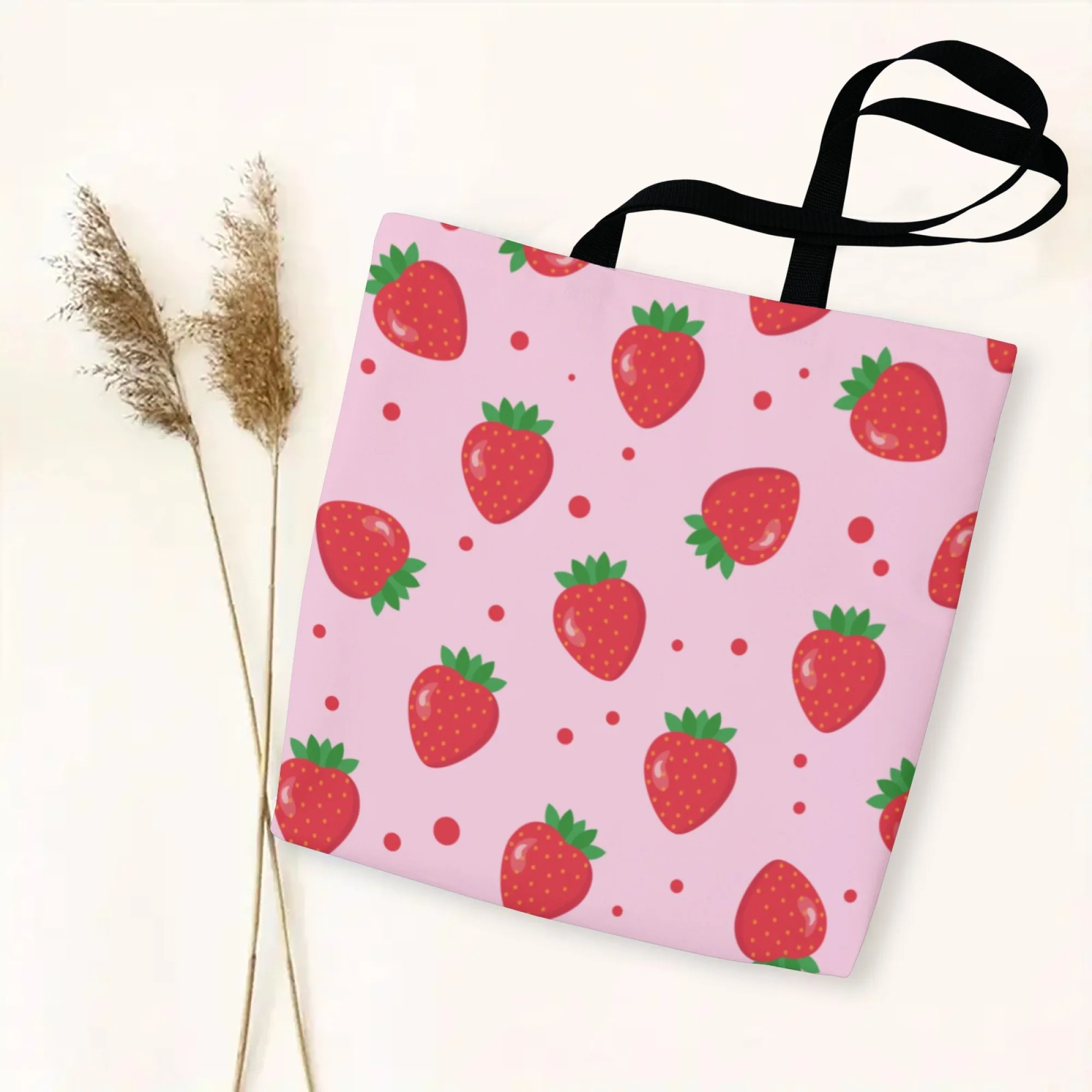 Pink Strawberry & Kawaii Aficionado Canvas Tote Bag Fruit-Themed Shoulder Bag for Women Ideal for Cute Style Fans & Sweet Looks