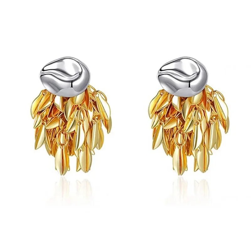 Earrings gold and silver two-color fringed leaves, a two-wear earring in summer