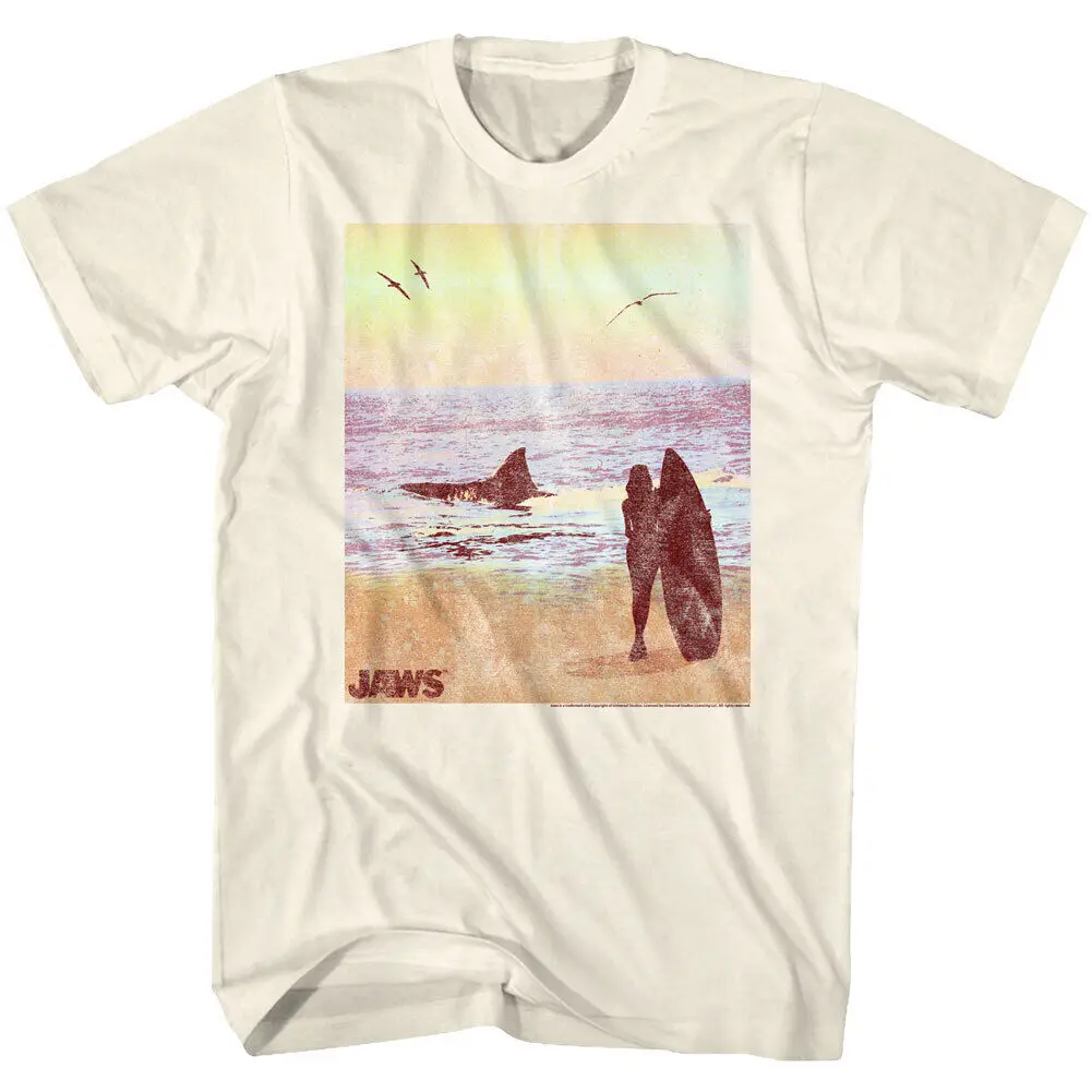 Jaws 70's Thriller Movie Girl Surfboard Beach Scene Shark In Surf Men's T Shirt