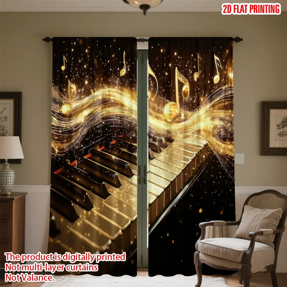 

2D flat printing 2pcs Window Drapes Glowing Piano Notes Digital Printed Polyester Drapes Festive Wall Decor for Photo Booths &