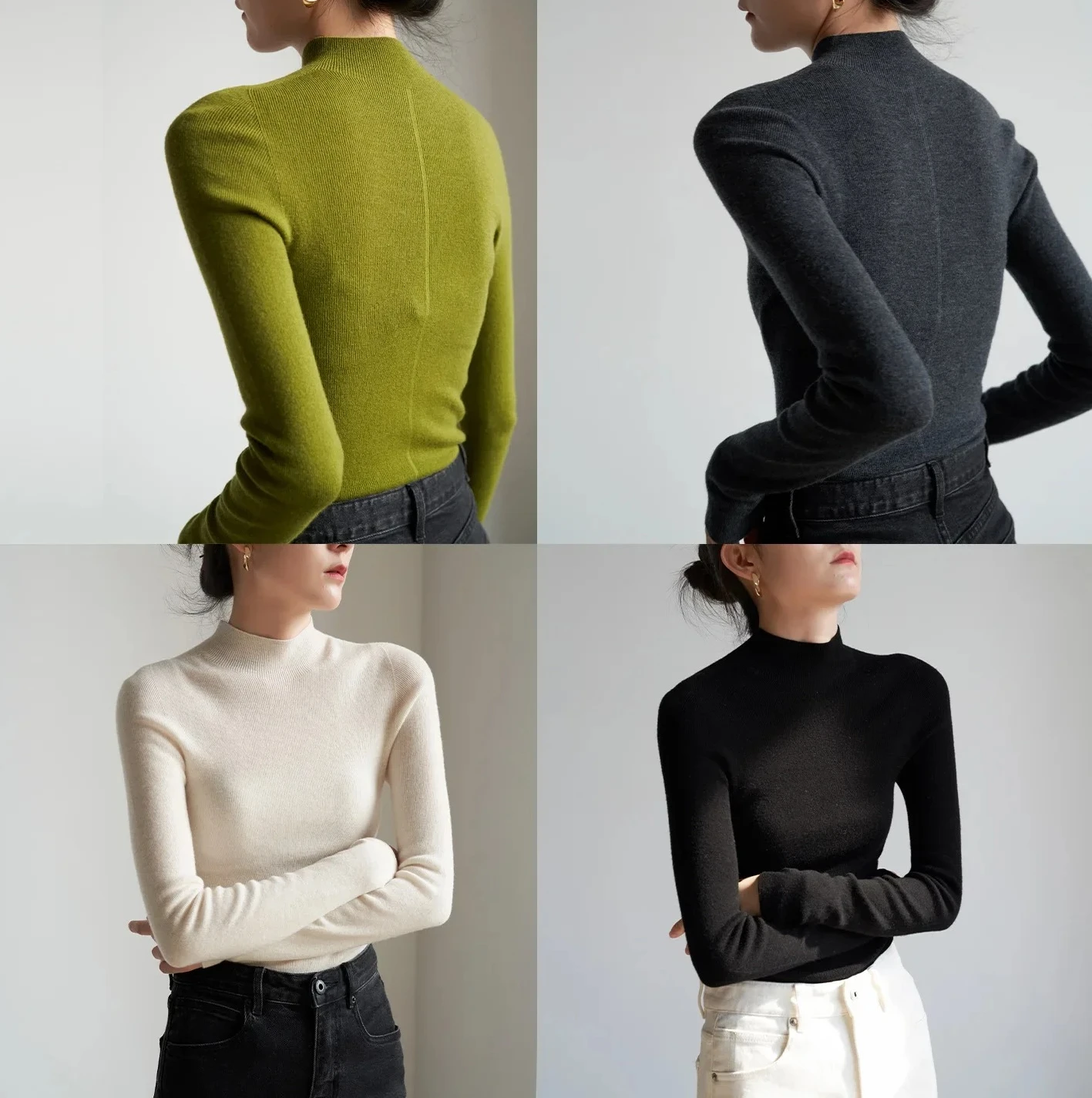 Capa base de lana con cuello medio polo para mujer, construcción integrada para desplazamientos, ropa elegante de otoño e invierno