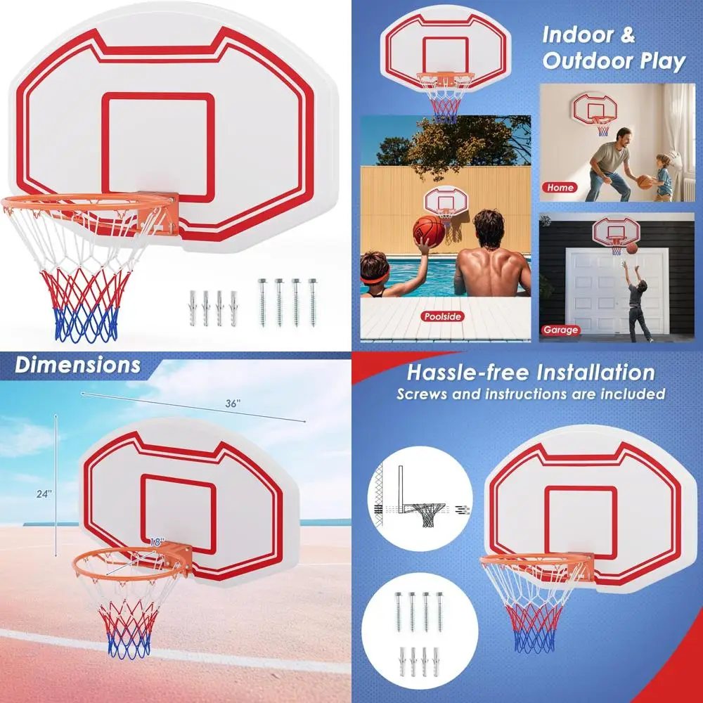 Goplus 大型壁掛けバスケットボールフープ、36 x 24 耐破壊性バックボード、18インチ標準リム、耐裂ネット、屋内屋外用 B