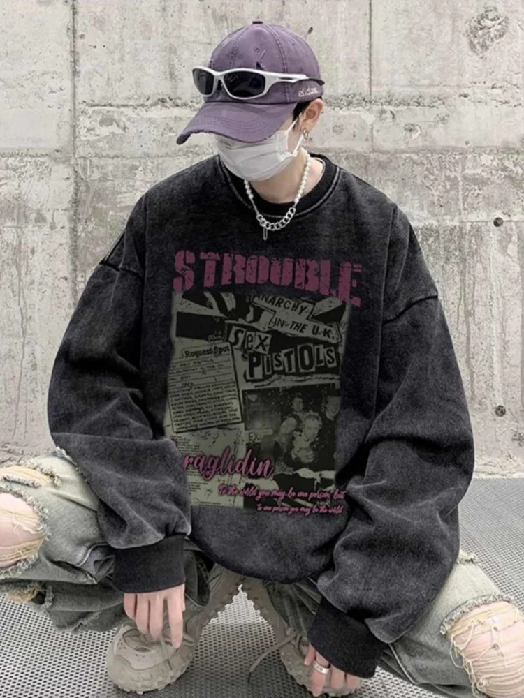 

Мужская толстовка оверсайз в американском ретро-стиле с круглым вырезом, на флисовой подкладке, осенне-весенняя, модная повседневная толстовка