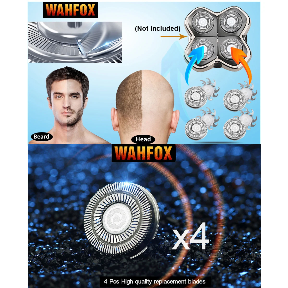 WAHFOX-Remplacement de rasoir pour Skull Pitbull Carver PRO, 4 têtes, lame de rechange pour Skull Shaver, 4 pièces