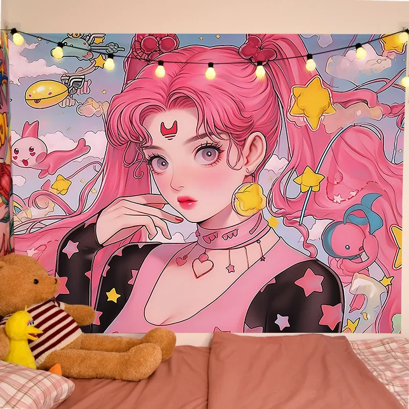 Retro Sailor Moon cartoon Hanging Cloth Bedroom Bedhead Background Cloth Renovation Dormitory Wall Cloth ins tapestry Party