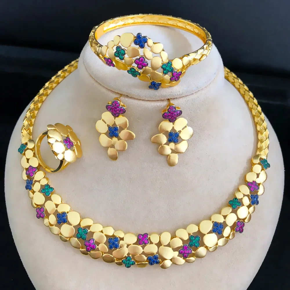 New Fashion Gold Color Flower Dubai Bridal Jewelry Set For Women Wedding Party Nigerian African Necklace Earring Set