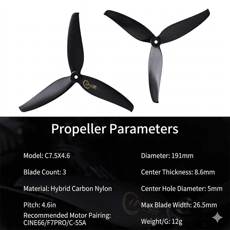 C7.5x4.6 3-Blade Propeller: 7.5-inch Diameter, 26.5mm Width—Specially Designed for Cinematic FPV Drones.