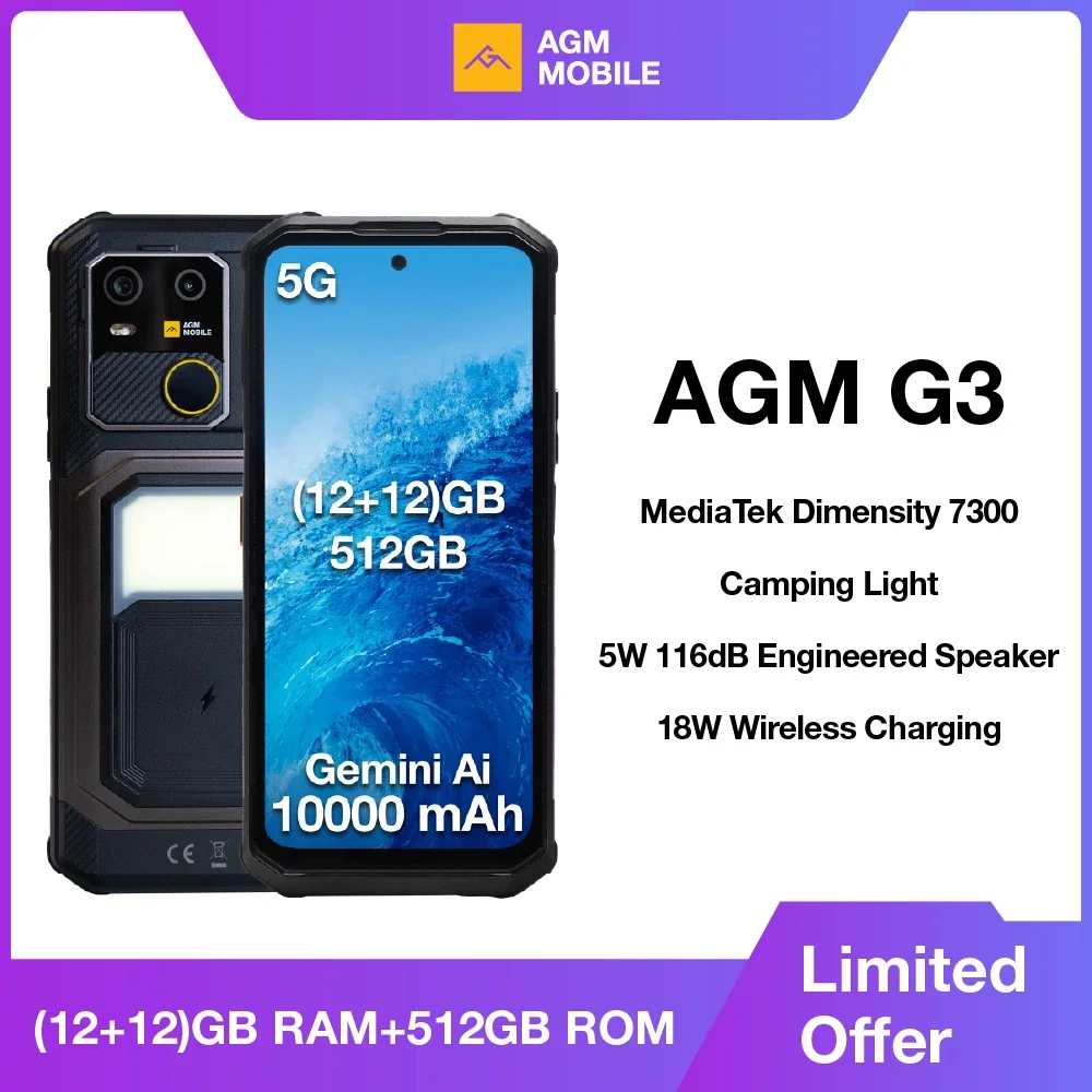

Прочный телефон AGM G3 5G, 24 ГБ (12+12) ОЗУ, 512 ГБ ПЗУ, беспроводная зарядка, аккумулятор 10000 мАч, экран 6.72 дюйма 120 Гц, процессор Dimensity 7300, Android 15, фонарик для кемпинга