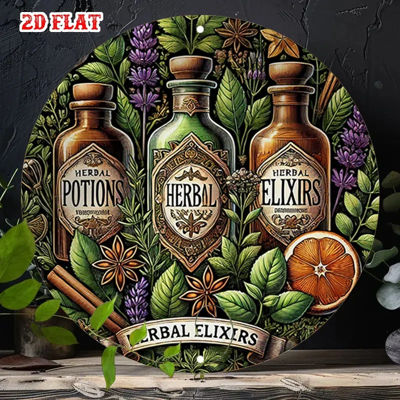 2D Flat 1pc Orange Slice 7.8X7.8Round Aluminum Sign, Herbal Elixirs Round Aluminum Sign, Medicinal Plants Metal Tin Sign