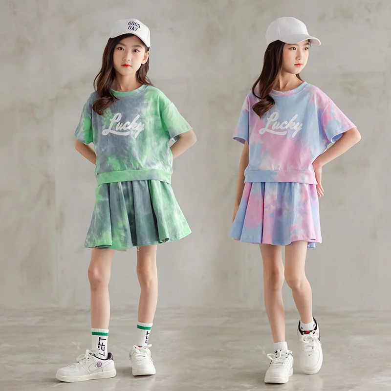 

Summer Girls Print Sets 2024 New Kids Trends Letter Suits Teens Casual Top+Skirt 2Pcs Children Fashion Short Sleeve Clothing