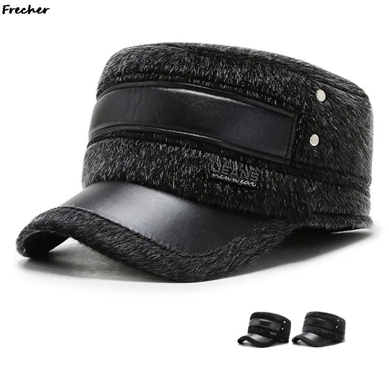 Keep Warm Woolen Hats with Earflap Fashion Cadet Caps Leather Fur Patchwork Visors for Men Winter Warm Military Plush Hat 2023