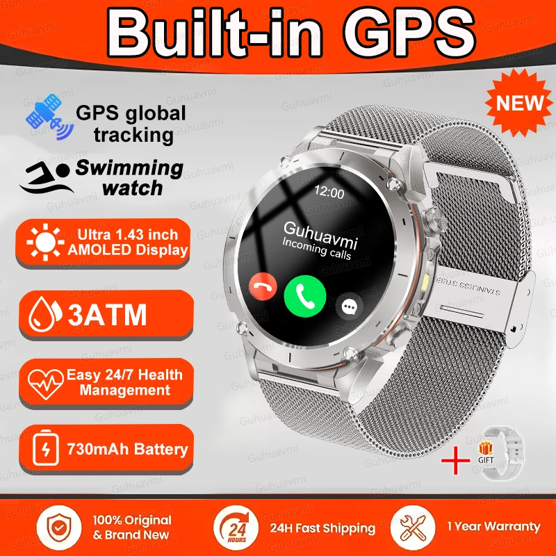 GUHUAVMI 2025 Original GPS Smart Watch Männer 1,43'' AMOLED HD Bildschirm Kompass BT Anruf 3ATM Wasserdicht SWIM 730 mAh Sport Fitness Smartwatch 4