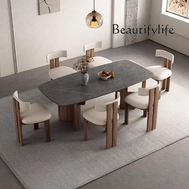 N40 Medieval rock slab rectangular dining table French small apartment minimalist solid wood home retro designer wooden table