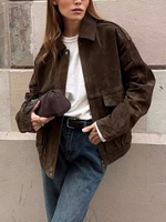 Yaphleet Women Elegant Suede Brown Bomber Jackets 2025 Fashion Ladies Casual Loose Outfits for Vintage Female Chic Clothes Cute