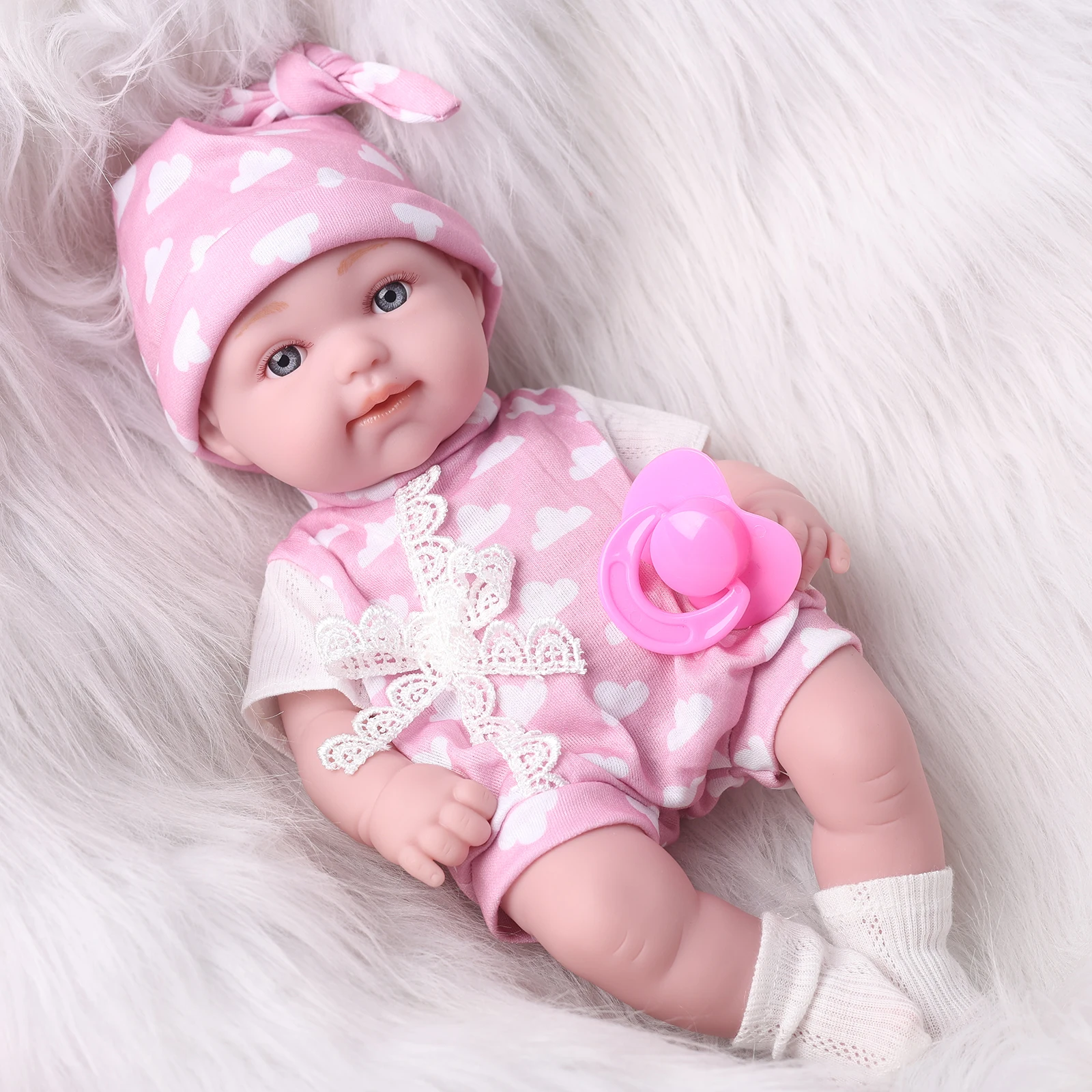 32 cm große wiedergeborene Babypuppe, 12,6 Zoll, interaktives Kinderspielzeug für 3+ rosa Sonnenhut mit vorgetäuschtem Schnuller, lebensechtes Geburtstagsgeschenk für Mädchen