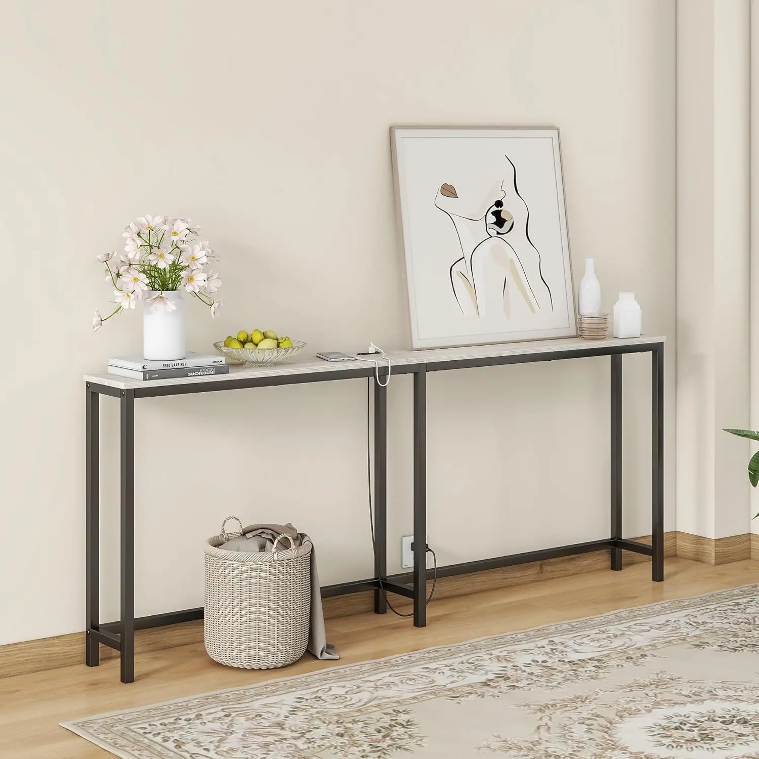 

Umail Furniture 71.5 Inch Thin Console Table with Power Outlets,Narrow Sofa Table with Charging Station