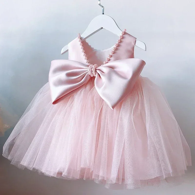 1-5 Year Baby Girls Party Dress Infant Backless Beading Bow Birthday Wedding Tutu Gown Toddler Kids Baptism Princess Dresses