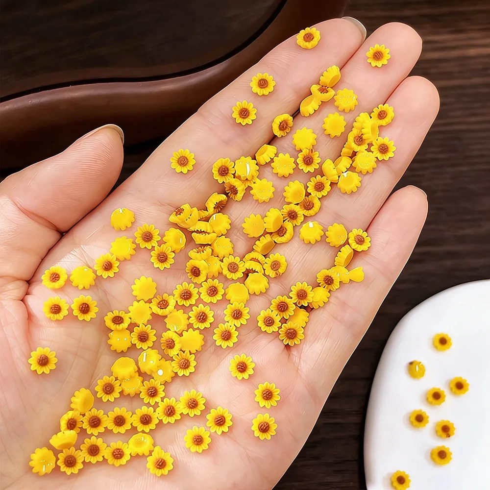 50Pcs/Bag Yellow Sunflower Nail Charms - Mini Resin Press-On Nail Decor, Cross-Border DIY Nail Art Accessories