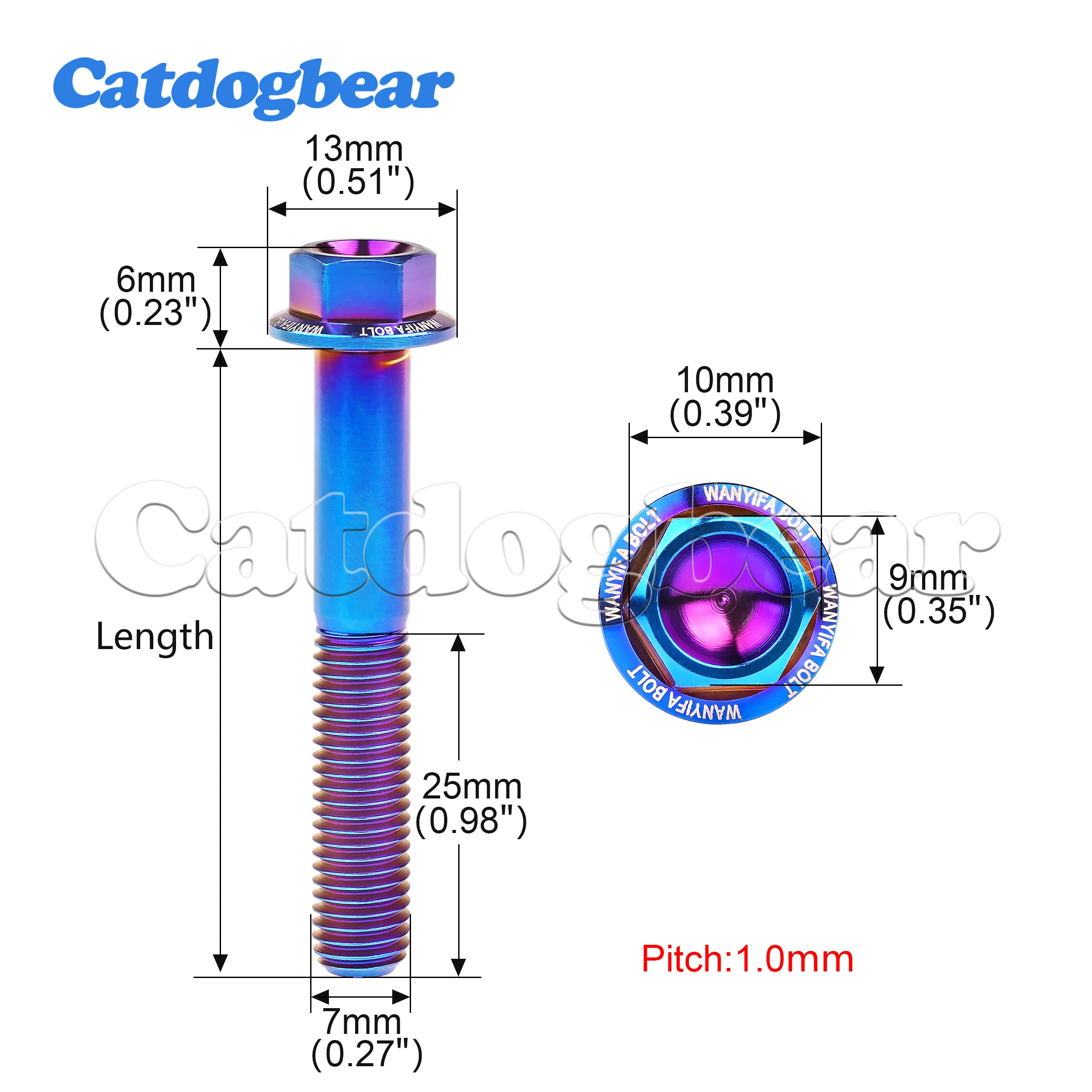 Catdogbear Titanium Bolt M7 x10 15 20 25 30 35 40 45 50mm Screw Thread Pitch 1.0mm Motorcycle Titanium Bolt Flange Head