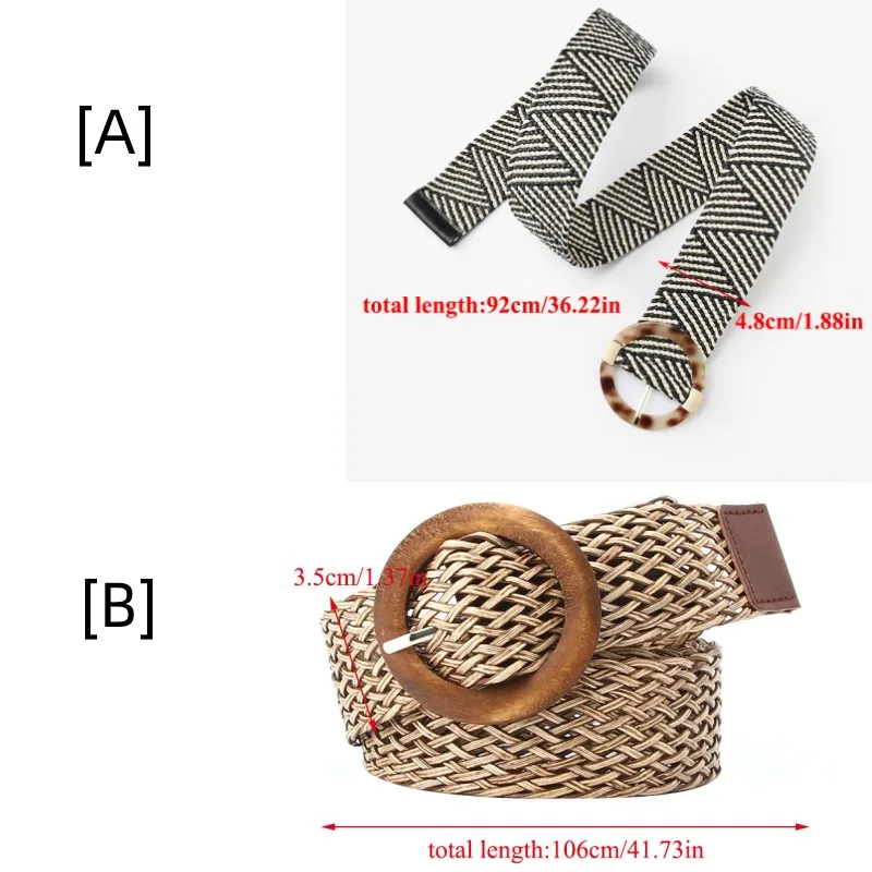 1PC Fake Straw Knitted Round Square Buckle Waistband Women Braid Belt Breathable Hollow Elastic Decorative Wide Belt Woven Belt