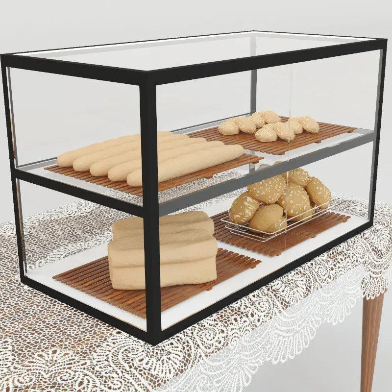 Cake bakery coffee shop bar counter wrought iron small glass dessert display cabinet