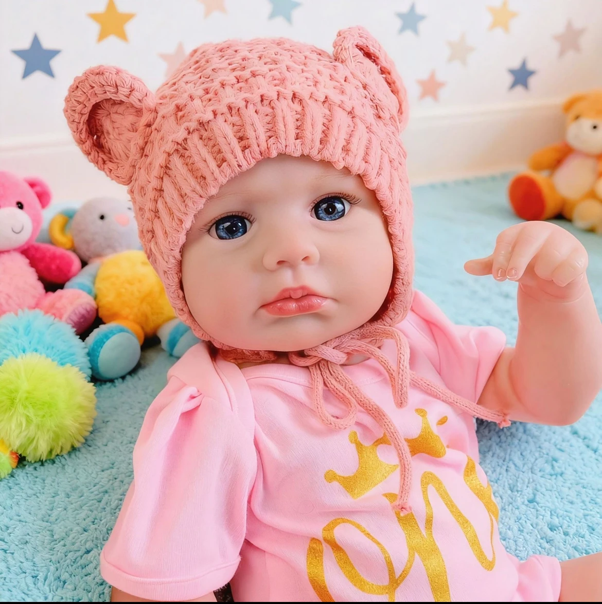 Cozy 19" Reborn Doll in Ears Hat & Crown Jumpsuit, Ultra-Soft Realistic Newborn Baby Doll, A Snuggly Bundle of Joy for Christmas