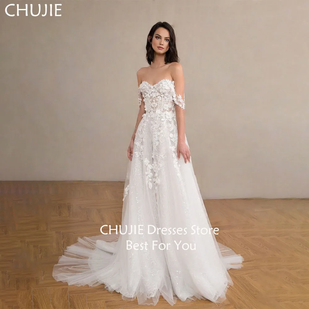 

Off Shoulder Lace Appliques Bridal Gowns White Classic A Line Wedding Dress Woman Elegant Customized Bride Gown Vestido de novia