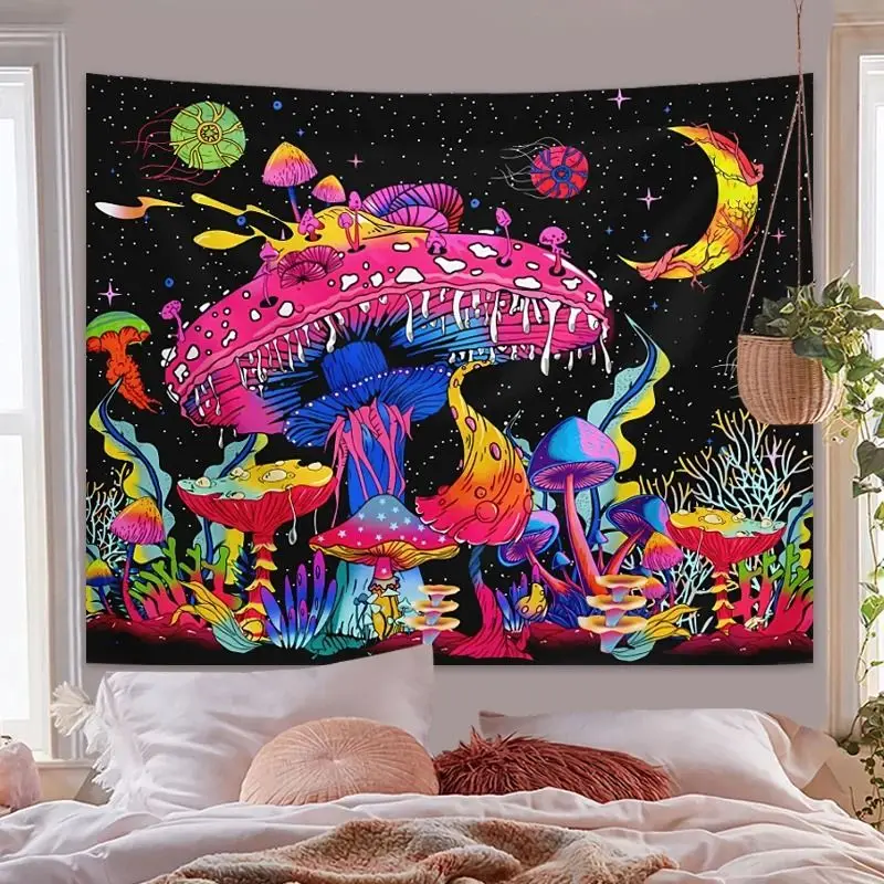 VIKAMA Blacklight Mushroom Tapestry UV Reactive Trippy Star Moon Galaxy Wall Hanging Psychedelic Decor for Bedroom Dorm