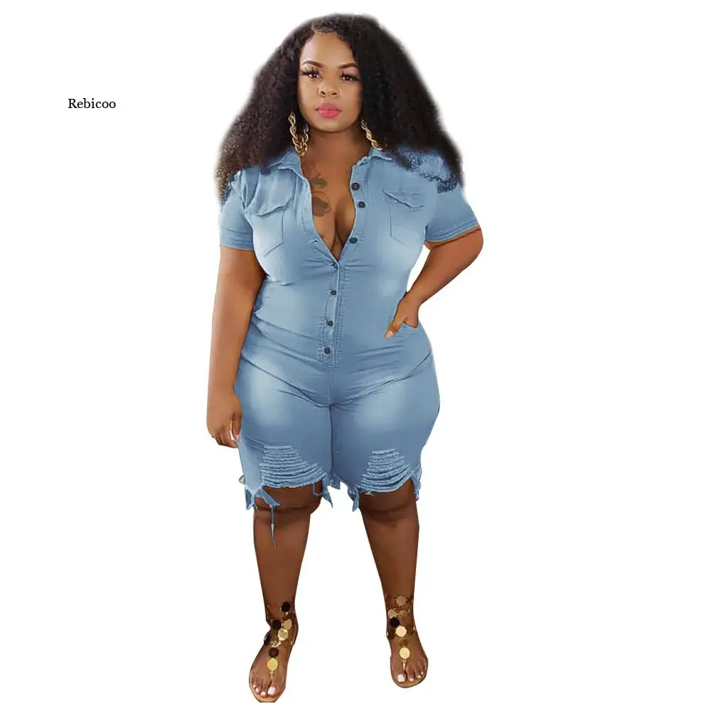 2021 New Women Summer Shorts Denim Jumpsuit Fashion Ripped Short Sleeve Jeans Bodysuit large Size Clothing