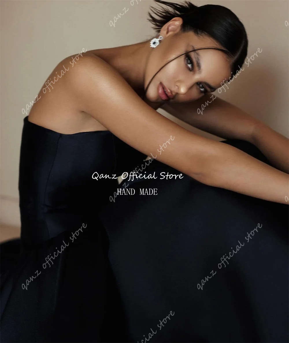 Qanz Elegant Dubai Arab Evening Dress Women Satin Customized A-line Long Formal Gowns Strapless Dark Blue Event Party Gowns 2025