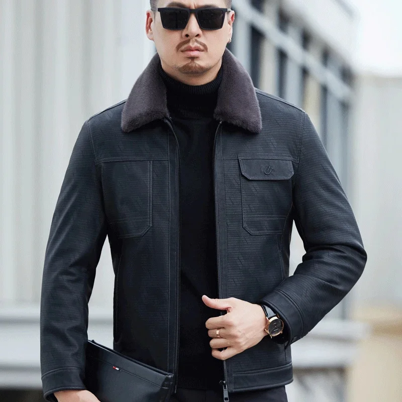 Winter YXL-6625 New Genuine Leather Down Coat Men's With Plush And Thickened Casual Business Jacket