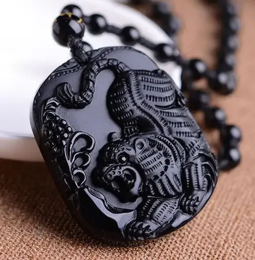 

Natural Obsidian Tiger jade Pendant Beads Necklace Charm Jewellery Fashion Accessories Hand-Carved Man Lucky Amulet Gifts