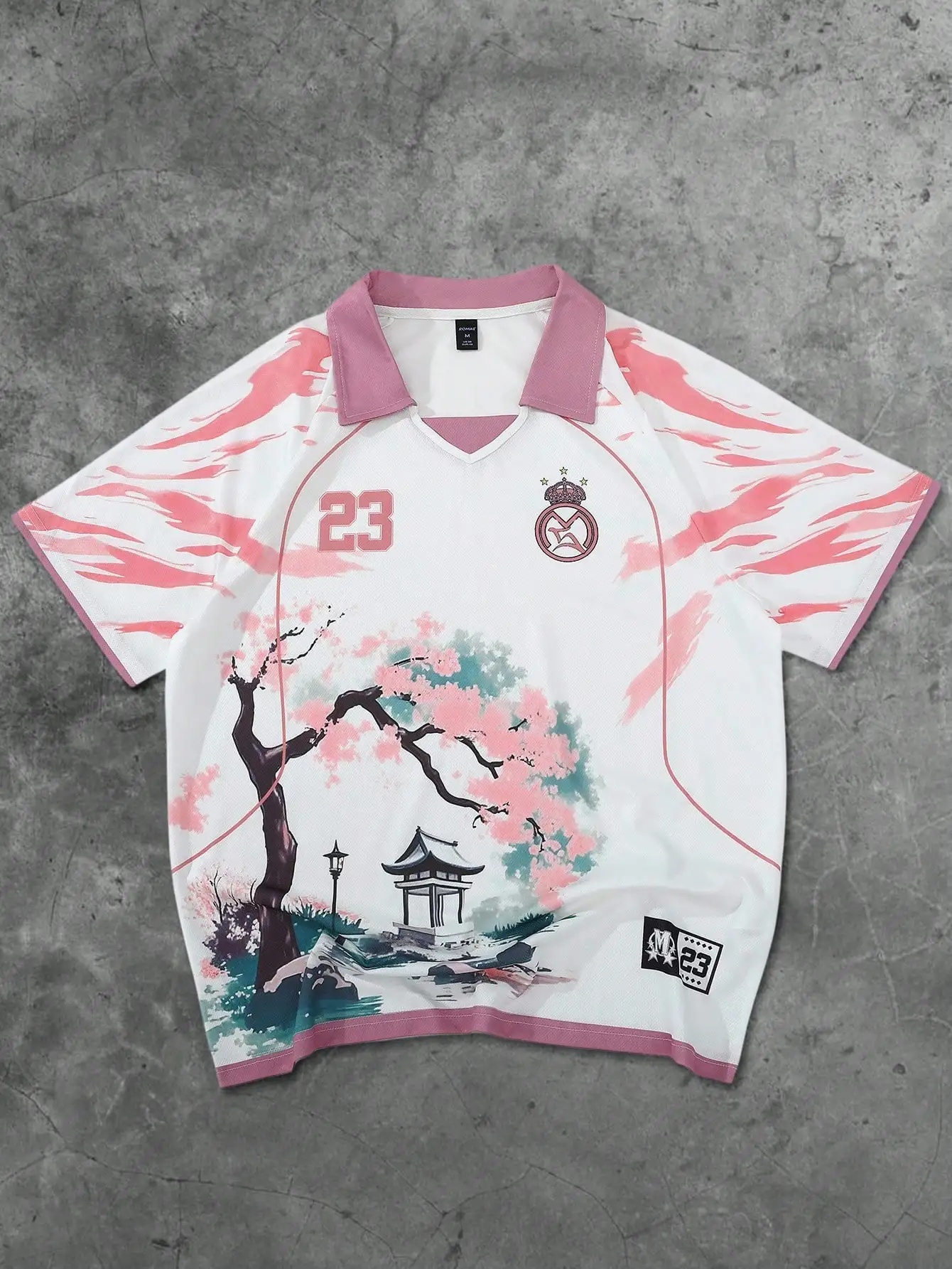 

Men's Short Sleeve Polo Shirt with Sakura Garden Print, Pink Trim, Casual Fit