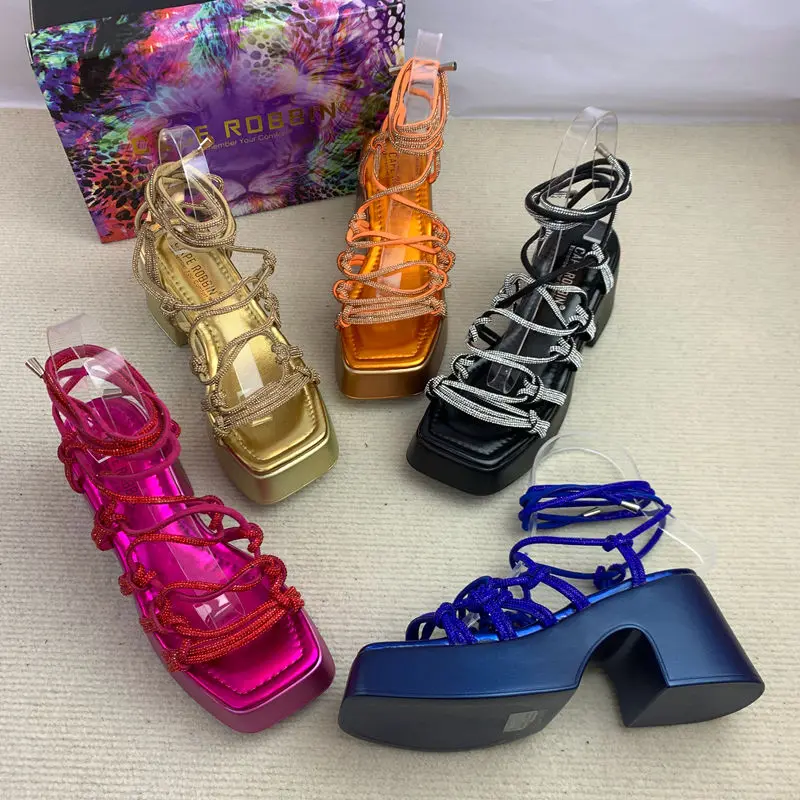 

FHC New High Heels Platform Slippers,Square Toe Slides,Women Rhinestone Summer Shoes,Open Toe,Thick Bottom,Black,Blue,Dropship