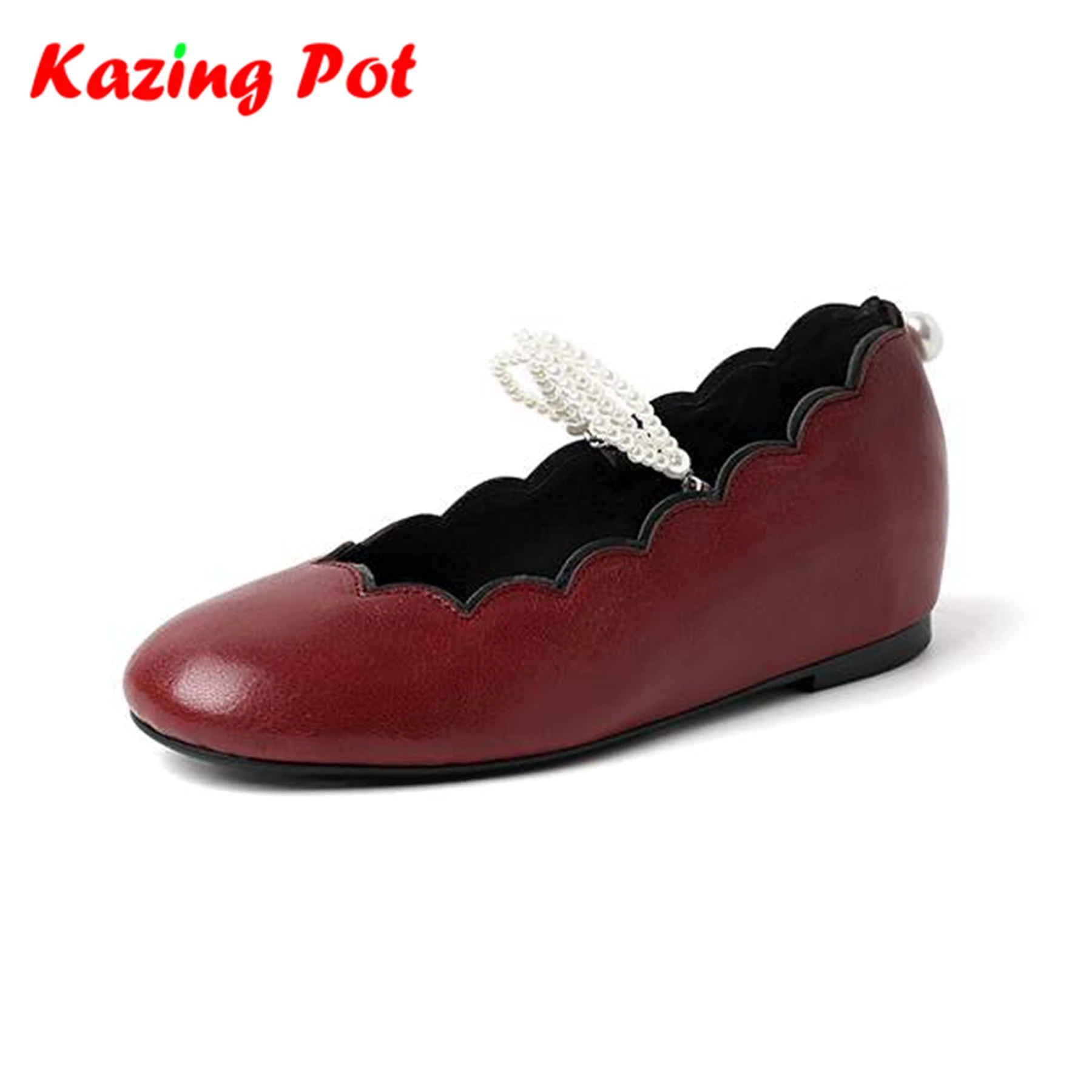 

Krazing Pot Sheepskin Round Toe Wedges Med Heels Street Wear Summer Slip On Pearl Beading Vintage Women Mary Janes Beauty Pumps