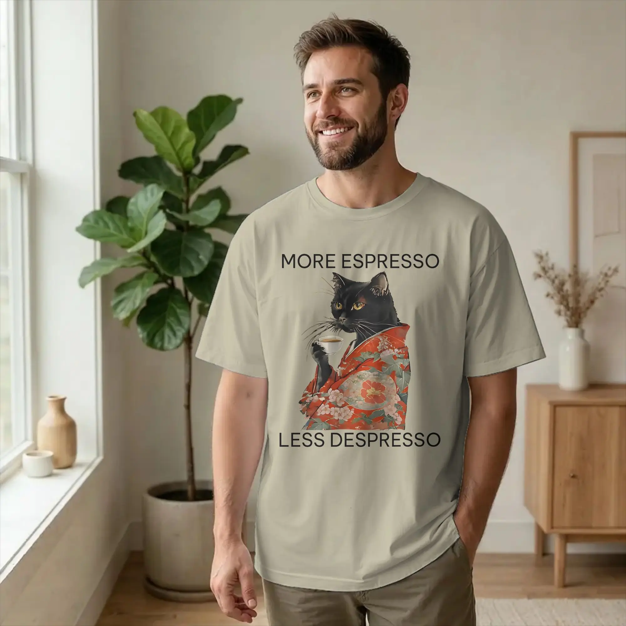 Men Women's More Espresso Less Depresso T Shirts Funny Cat Meme 100% Cotton Clothes Hipster Short Sleeve Crew Neck Tee Shirt