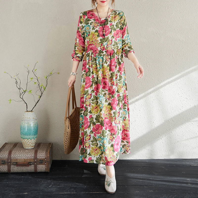 Robe longue imprimée à manches longues pour femmes, rose, coton, chanvre, col rond, style campagne, printemps, nouveau, 2025, A417