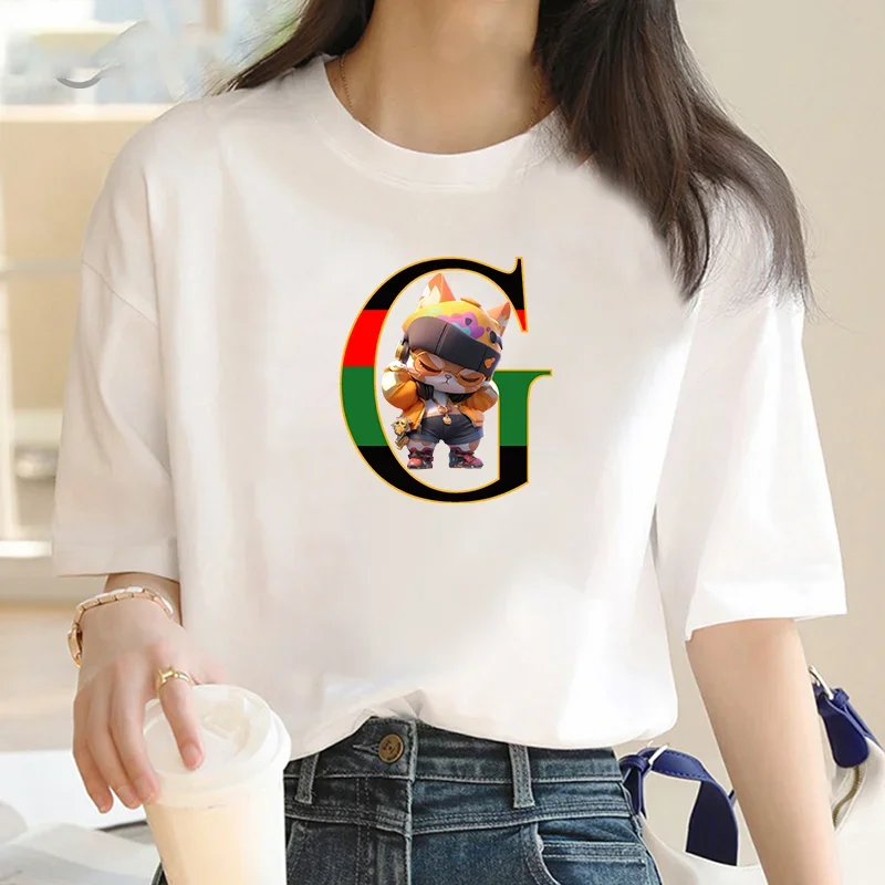 

Summer New 90's Cartoon Cat Short Sleeve Women's Clothing Cotton T-shirt Harajuku Pattern Clothing Women's Top Off the Boat